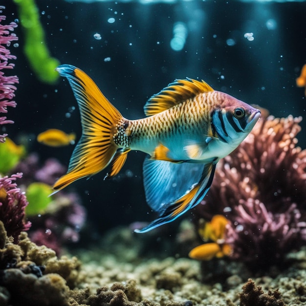 Foto von Schönheit in der Natur unter Wasser mit mehrfarbigen Fischen, die durch künstliche Intelligenz erzeugt wurden