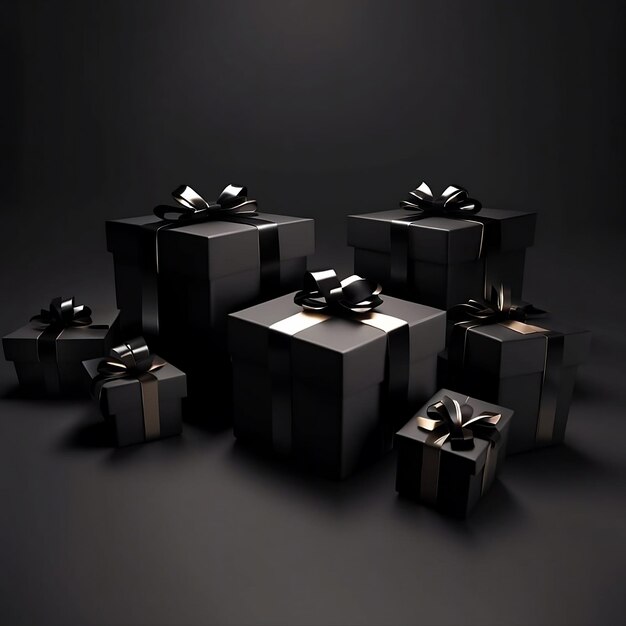 Foto von schwarzen 3D-Geschenkboxen auf dunklem Hintergrund, generiert von AI Black Friday Generative AI
