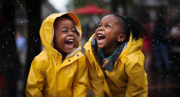 Foto von schwarzen Kindern, die sich im Regen in gelben Mänteln amüsieren, Foto in hoher Qualität