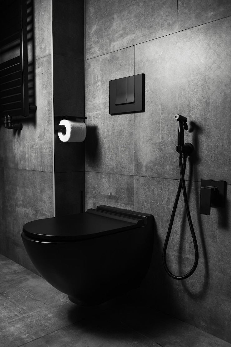 Foto von schwarzen matten Badezimmerdetails mit dunkelgrauen Wänden Modernes Interieur