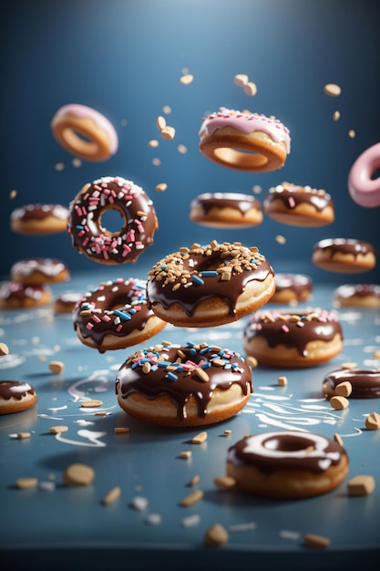 Foto von schwebenden Donuts mit leckerem Zuckerguss und Streuseln, eine Werbeform von KI