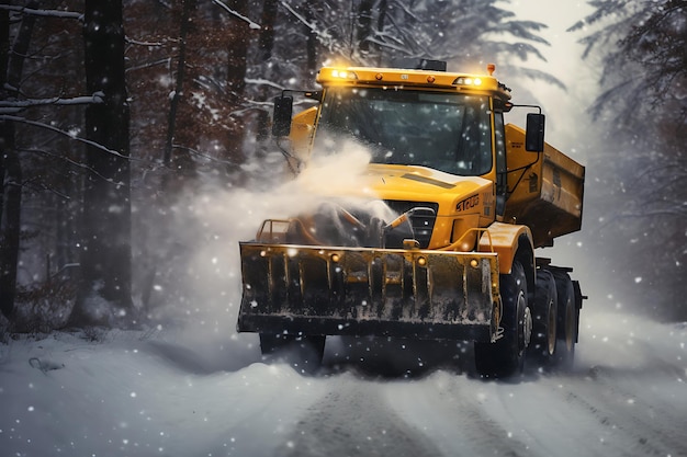 Foto von Snowplow, der einen Pfad auf einer Landstraße in einem Schneesturm schafft