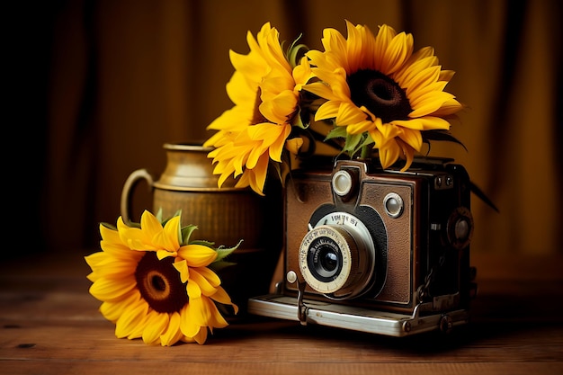Foto von Sonnenblumen und einer Vintage-Kamera