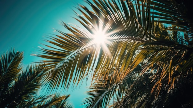 Foto von Sonnenstrahlen, die durch die üppige grüne Palme gehen, hinterlässt Strandsommer-Konzepthintergrund