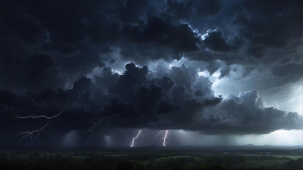 Foto von starken dunklen Regenwolken am Himmel mit Donner und Blitzen, Tornados auf einem Feld