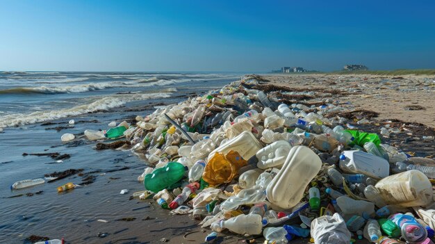 Foto von Stock for Design, das Umwelt- und Recyclingkonzepte zeigt, mit einem Strand, der von Müll und Plastikabfällen überflutet ist