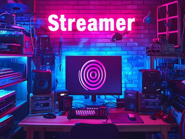 Foto von Streamer-Design mit Wirbel-Effekt und Retro-Stil Font Te für Content Creator Stream