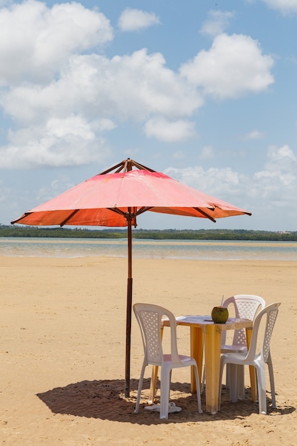 Foto von Stühlen und Regenschirm mit einem Teich im Hintergrund. Strand, Urlaub und Sommer. Vertikal