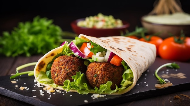 Foto von Tortilla-Wrap mit Falafel und frischem Salat für Liebhaber veganer, gesunder Ernährung