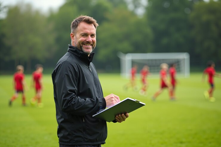 Foto foto von trainer-instruktor-trainer, der teenager-spieler auf dem fußballfeld unterrichtet