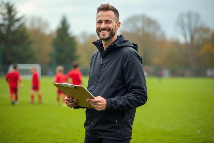 Foto foto von trainer-instruktor-trainer, der teenager-spieler auf dem fußballfeld unterrichtet