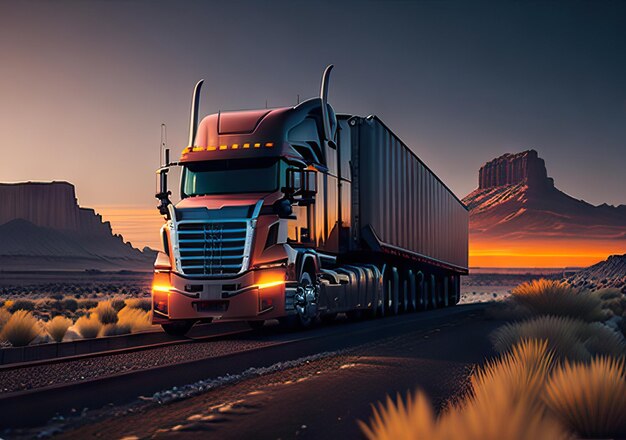 Foto foto von truck auf einer straße mit wunderschöner landschaft