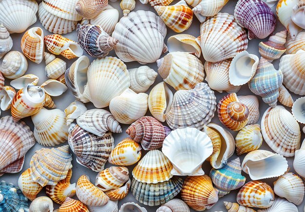 Foto von vielen Meeresmuscheln auf einer weißen Oberfläche und einem Musterhintergrund