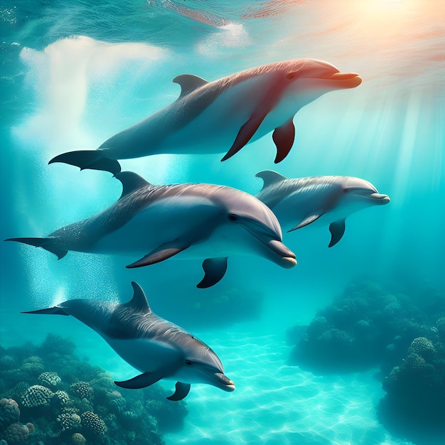 Foto von vier Delfinen, die anmutig durch türkisfarbenes Wasser schwimmen
