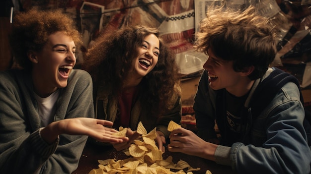 Foto von vier jungen Menschen, die vor Freude Kartoffelchips essen