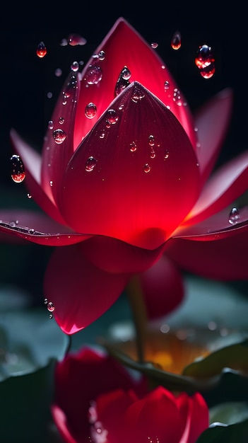 Foto von Wassertropfen, die um eine rote Tulpenblume schweben