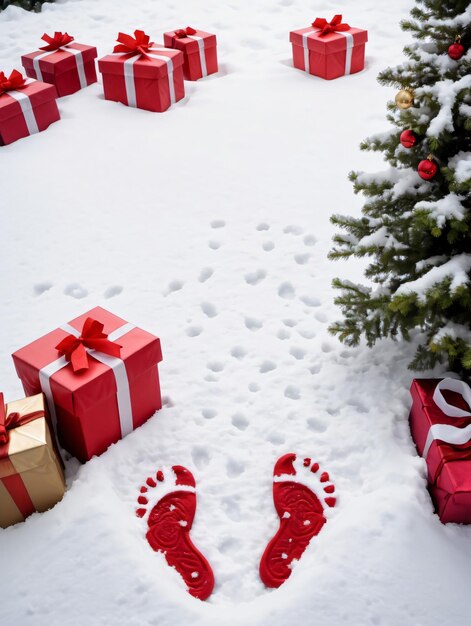 Foto von weihnachtlichen verschneiten Fußabdrücken, die zu einem Stapel Geschenke führen