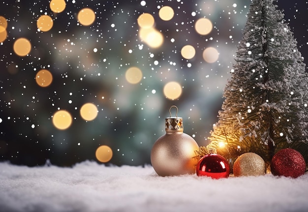 Foto von Weihnachtsgirlanden, Weihnachtshintergrund und Tannenbaumschmuck mit rot-goldenem Geschenk