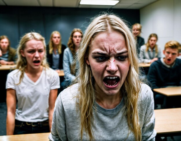 Foto foto von wütendem mädchen teenager in der schule generative ki