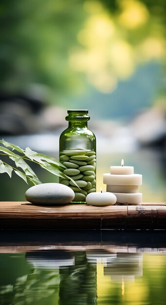 Foto foto von zen ceramic bottle pebbles und bamboo tranquil spa beruhigendes konzept idee kreatives design
