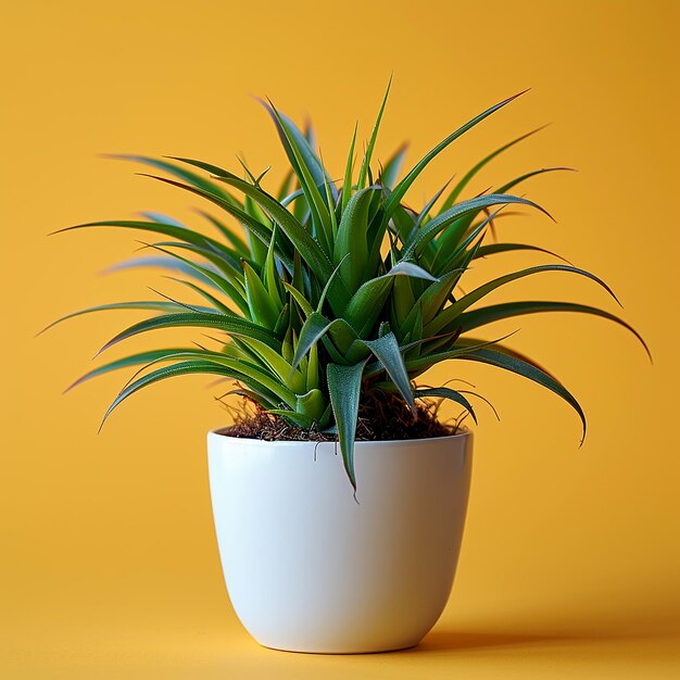 Foto von Zimmerpflanzen Air Plant Tillandsia spp. in einem weißen Topf auf isolierten gelben Hintergrund