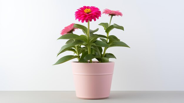 Foto von Zinnia im minimalistischen Topf als Zimmerpflanze für die Heimdekoration isoliert auf weißem Hintergrund
