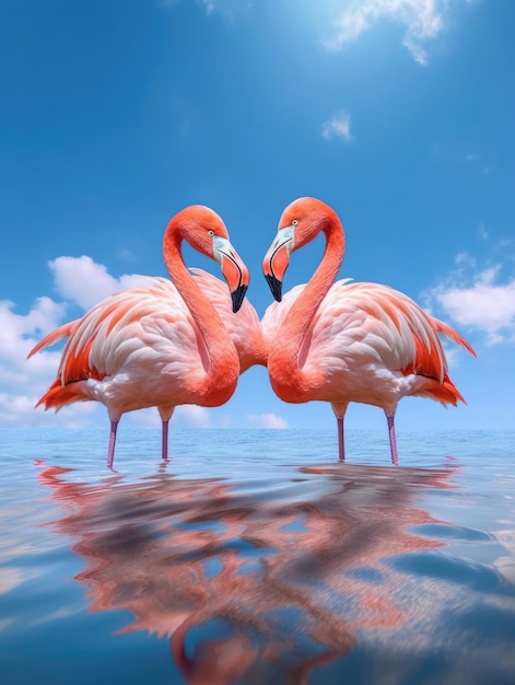 Foto von zwei Flamingos, die nebeneinander im Wasser und am blauen Himmel stehen
