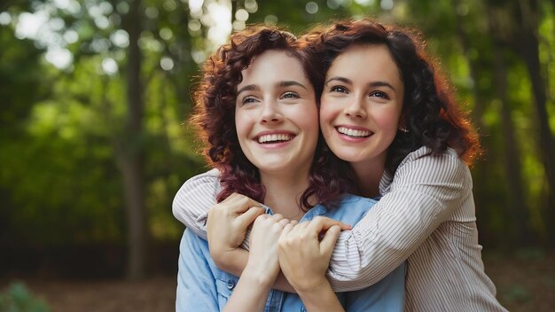 Foto von zwei freudigen Frauen, die sich umarmen und positiv lächeln, haben traumhafte Ausdrücke, die die Wahrheit demonstrieren.