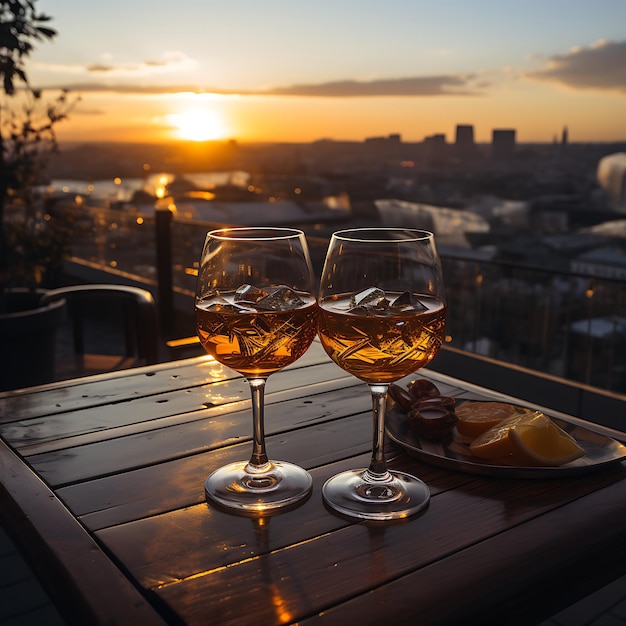 Foto von zwei Gläsern Wein in einer Bar auf dem Dach draußen, im Hintergrund der wunderschöne Sonnenuntergang in der Großstadt