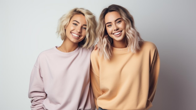 Foto von zwei jungen brünetten und blonden Modellen, die auf einem von KI generierten Studio posieren