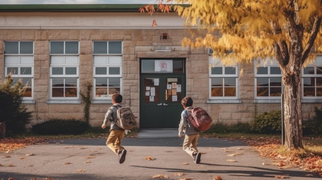 Foto von zwei Jungen, die zur Schule rennen.