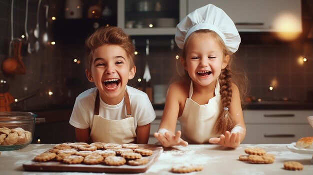 Foto von zwei Kindern, die eine Kochmütze tragen und in der Küche kochen