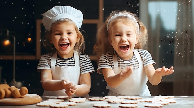 Foto von zwei Kindern, die eine Kochmütze tragen und in der Küche kochen