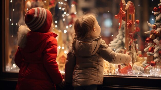 Foto von zwei Kindern, die von einem feierlichen Weihnachten hypnotisiert wurden