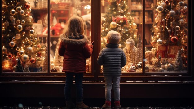 Foto von zwei Kindern, die von einem feierlichen Weihnachten hypnotisiert wurden