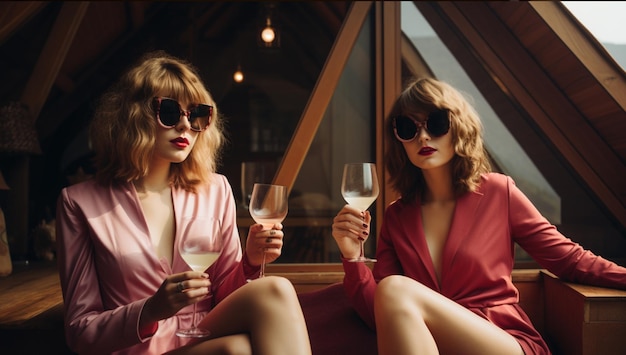 Foto von zwei Mädchen mit Sonnenbrille und Brille in einem dreieckigen Landhaus