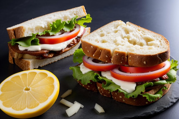 Foto von zwei Sandwiches und einer Zitrone auf schwarzem Hintergrund