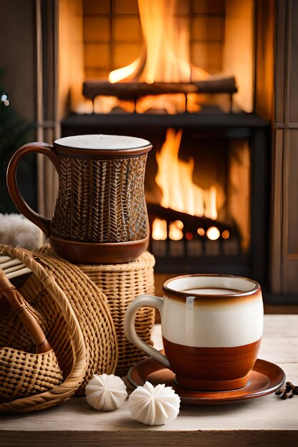 Foto foto von zwei tassen für tee oder kaffee aus wolle in der nähe eines gemütlichen kamins im winterurlaub im landhaus