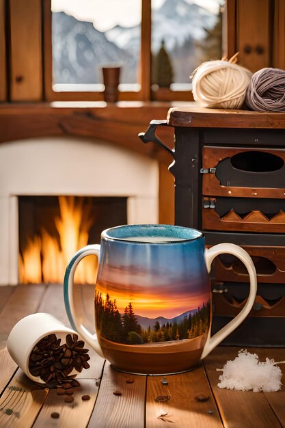 Foto foto von zwei tassen für tee oder kaffee aus wolle in der nähe eines gemütlichen kamins im winterurlaub im landhaus