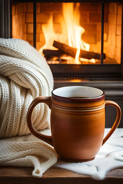 Foto foto von zwei tassen für tee oder kaffee aus wolle in der nähe eines gemütlichen kamins im winterurlaub im landhaus