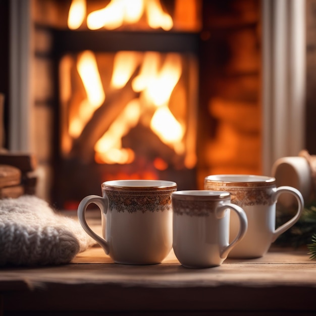 Foto von zwei Tassen für Tee oder Kaffee aus Wolle in der Nähe eines gemütlichen Kamins im Winterurlaub im Landhaus