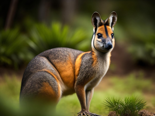 Foto de un Wallaby de pie en una jungla con fondo borroso