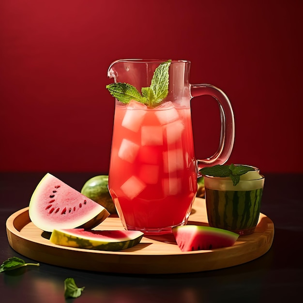 Foto de Watermelon Agua Fresca hecha con jugo de sandía fresca Serv Vista delantera BG limpio