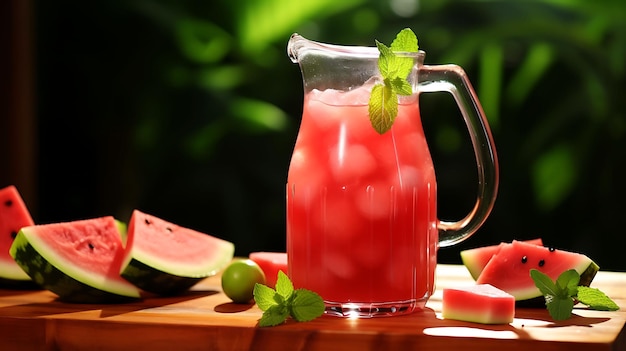Foto de Watermelon Agua Fresca hecha con jugo de sandía fresca Serv Vista delantera BG limpio