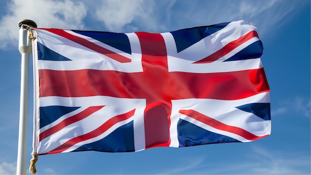 Foto weht die britische Flagge des Vereinigten Königreichs am Himmel. Flagge des Unitek-Königreichs