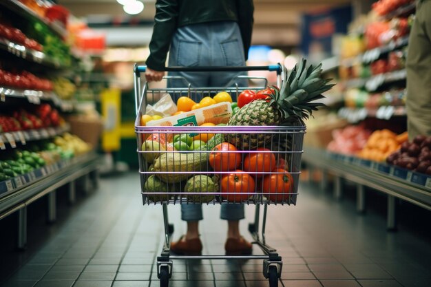 Foto weibliche Person zieht mit den Händen den Wagen voller Waren in einem Supermarkt einkaufen