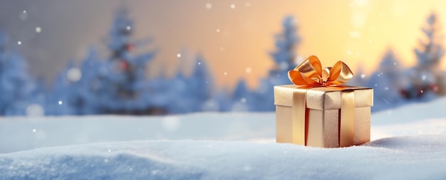 Foto-Weihnachtsgeschenk mit verschneitem Hintergrund für ein frohes Weihnachtsverkaufsbanner