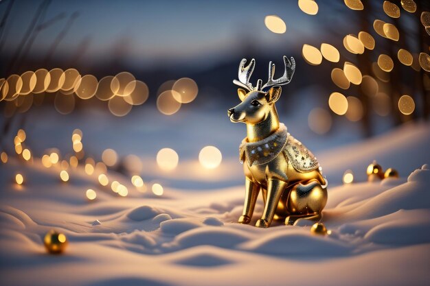 Foto foto weihnachtsgoldhirsch steht auf dem schnee mit weihnachtendekoration, die mit generativer ki hergestellt wurde