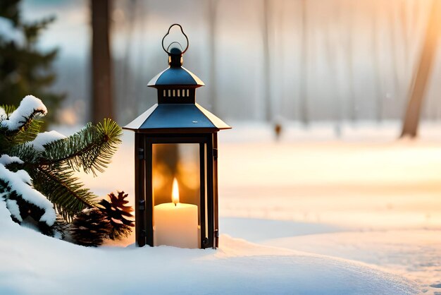 Foto foto weihnachtslaterne mit tannenzweig und dekoration auf verschneitem tisch, unscharfer hintergrund