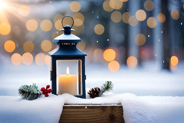 Foto foto weihnachtslaterne mit tannenzweig und dekoration auf verschneitem tisch, unscharfer hintergrund
